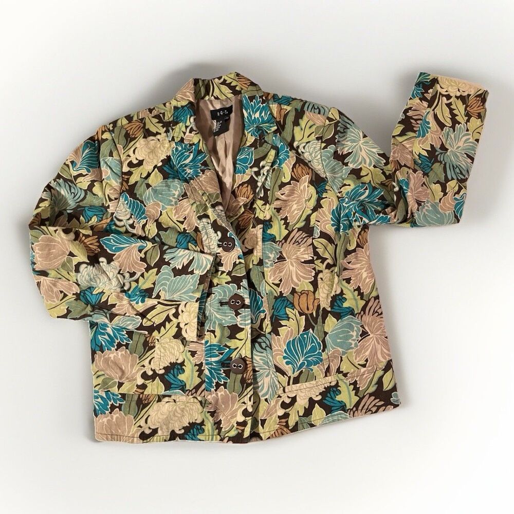 RQT Linen Tropical Floral Blazer Womens 12 Tan Blue Teal Green Resort Beachy